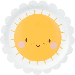 6 stk. Paptallerkener med glad sol og smilekinder – farvemix, 18 cm i diameter