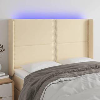 sengegavl med LED-lys 147x16x118/128 cm stof cremefarvet