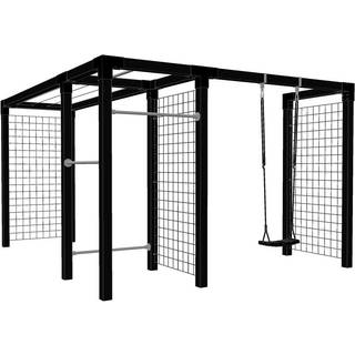 PLUS Daylife stativ med espalier, tørresnor, fitness og gynge, model 3, sort/fyr, 369/306 x 108 x 208 cm