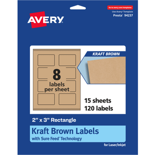 Avery Kraft Brown Rectangle Labels With Sure Feed 2 """" X 3 """" 120 Kraft Brown Labels Print-to-the-Edge Laser/Inkjet Printable Labels