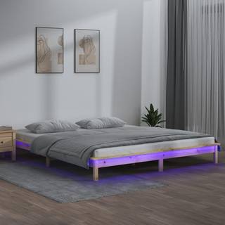Sengeramme Med Led-Lys Massivt Træ - Naturfarvet / 150 x 200 cm