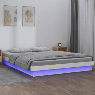 Sengeramme Med Led-Lys Massivt Træ - Hvid / 150 x 200 cm