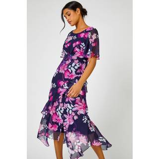 Roman Roman Blomster Tryk Chiffon Frill Asymmetrisk Midi Kjole - 48