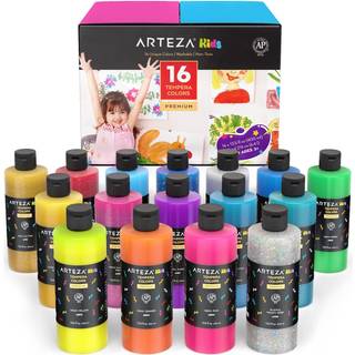 Arteza 16 Kids Tempera Paint Set 13,5 oz/400 ml Ikke-toksisk vaskbare tempera malingsflasker Kids Art Supplies