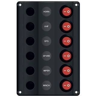 Strømafbryderpanel / sikringspanel AAA Wave, 12 V, 15 A, 6 afbrydere, med automatsikringer