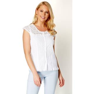 Roman Roman White Lace Yoke And Sleeve Crinkle 100% Cotton Blouse