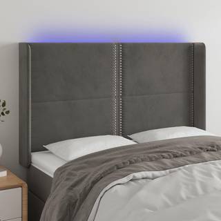 sengegavl med LED-lys 147x16x118/128 cm fløjl mørkegrå