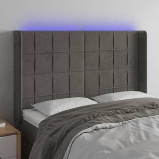 sengegavl med LED-lys 147x16x118/128 cm fløjl mørkegrå