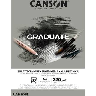 CANSON Graduate Mixed Media 200GSM A4 Paper Double -Sided: Grained and Smooth Pad Limed Short Side 30 Gray Sheets Ideel til studerendes kunstnere