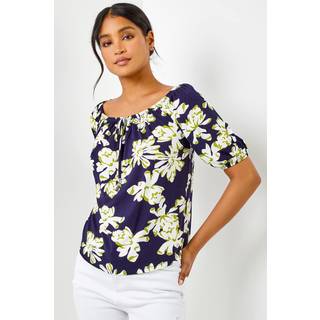 Roman Roman Blue Floral Print Stretch Bardot Top