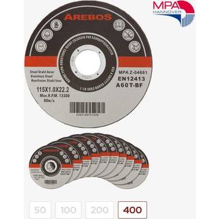 Arebos® INOX skæreskivesæt - Flexskiver 115 x 1,2 x 22,2mm, til rustfrit stål, metal,... - MPA-testet - 400 stykker