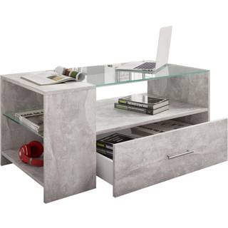 Tindala sofabord, med glasplade, 1 skuffe, 3 hylder, beton dekor.