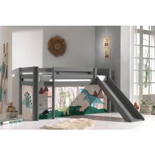Halvhøj seng med rutsjebane – Pino, grå, med Dino forhæng