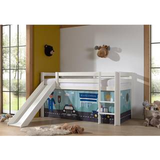 Halvhøj seng med rutsjebane – Pino, hvid, med politigardin