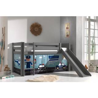 Halvhøj seng med rutsjebane – Pino, grå, med politi-forhæng