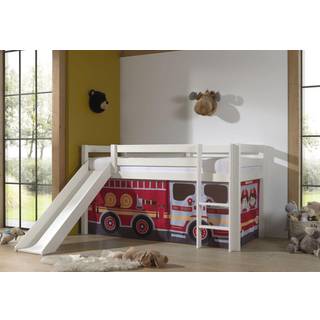 Halvhøj seng med rutsjebane – Pino, hvid, brandbil-forhæng