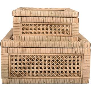 Kreativ co-op moderne dekorativ firkantet vævet rotting og træ displaybokse med glas top sæt med 2 størrelser naturlig finish