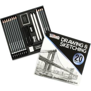 U.S. Art Supply 20 Stykke Professionel Hi -Quality Artist Sketch Set in Hard Storage Case - Sketch & Charcoal Pencils Pastel Stumps Eraser Sharpe