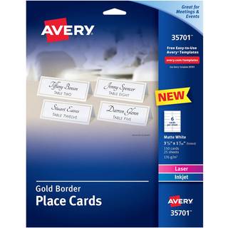 Avery Printable Place Cards With Sure Feed Technology 1-7/16 """" X 3-3/4 """" Hvid med guldgr?nse 150 tomme stedkort