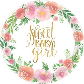 Amscan Floral Sweet Baby Girl Round Plates 7 """" (8 -Pack) - Charmerende fest Tableware With Blossom Design Perfekt til brusere og specielle feste
