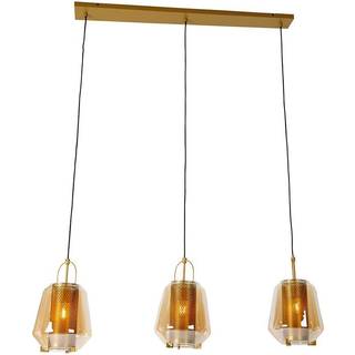 Pendellampe guld med ravfarvet glas 23 cm rektangulær 3-lys - Kevin