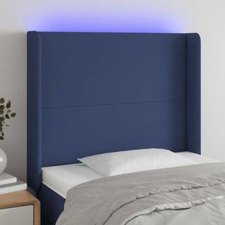 sengegavl med LED-lys 83x16x118/128 cm stof blå
