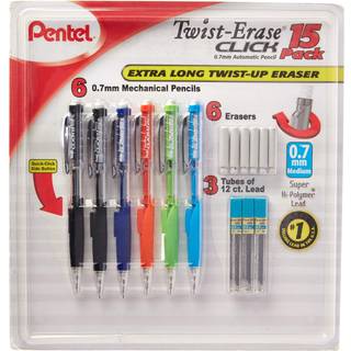 Pentel Twist -Erase Click Mechanical Pencil Set - 6 Mekaniske blyanter 6 Ekstra viskel?dere 3 r?r af blyp?fyldning