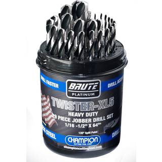 Champion Cutting Tool Brute Platinum Twister-XL5 29 Piece 1/16 """"-1/2 """" X 64THS HSS Jobber Drill Bit Set-135 Deg Split Point Water Resistant Ind