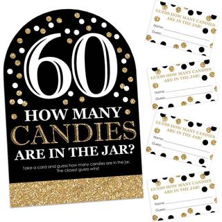Stor prik af lykke Voksen 60 -års fødselsdag - Guld - Hvor mange slik fødselsdagsfest -spil - 1 står og 40 kort - Candy Guessing -spil