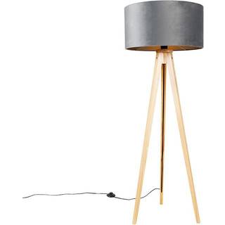 Gulvlampe træ med grå stofskærm 50 cm - Tripod Classic