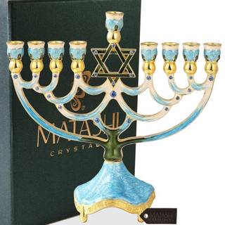 Matashi Mtmnr3266 Håndmalet emalje Menorah Candelabra pyntet med guld accenter og krystaller (Blue Star of David)