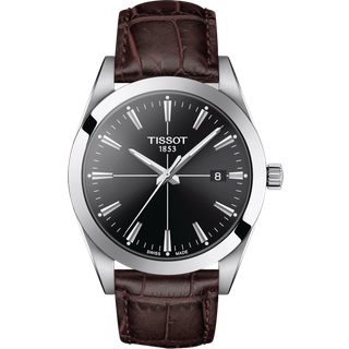 Tissot Gentleman herreur i stål med sort skive og brun rem Ø40