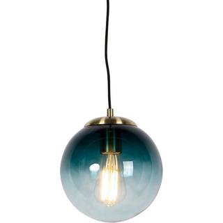 Art Deco Pendellampe messing med oceanblå glas 20 cm - Pallon