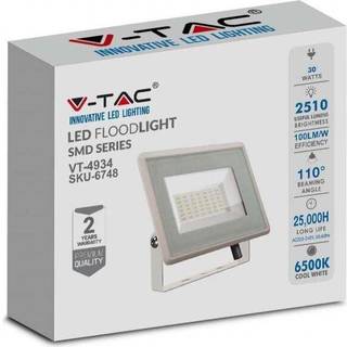 V-Tac 30W LED projektør - Arbejdslampe, udendørs - Dæmpbar : Ikke dæmpbar, Farve på hus : Hvid, Kulør : Kold