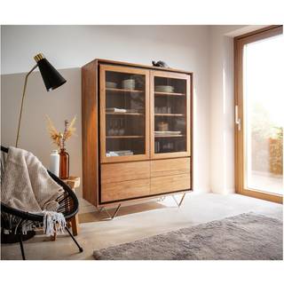 Vitrine Stonegrace 115x150 Akazie Natur 2 Türen 4 Schubladen Steinfurnier V-Fuß - Natur, Silber