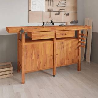 arbejdsbord m. skuffer + skruestik 162x62x83 cm massivt akacie