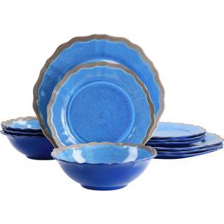 Elama Roma 12-delt melamin-tallerkenesæt til 4 personer – blå med crackle-glans og skålformede kanter, tåler opvaskemaskinen i øverste kurv