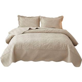 Marcielo 3-delt 100% bomulds store senget?ppet Set Coverlet Set Lettv?gtsskynet S?t Broderi Farmhouse Bedding Set (Natural Beige-Khaki Queen (100