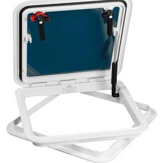Dæksluge Nuova Rade EURO 2 Escape Hatch, med stag, 75°, 430 x 430 mm (udskæringsmål), 480 x 480 mm (ydremål), sølv/hvid