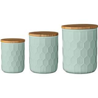 Bloomingville Farmhouse Stenteware -dåser med honningkage -design og bambus låg myntgrøn og naturligt sæt med 3 størrelser