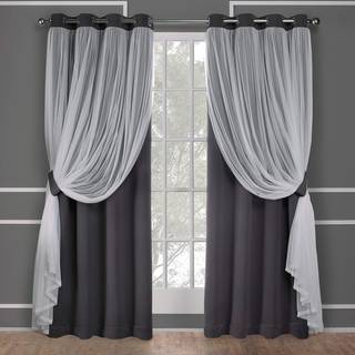 Town & Country Luxe Exclusive Home Catarina Layered Solid Room Darkering Blackout og Sheer Grommet Top Curtain Panel Pair 52x96 Black Pearl 2 Cou