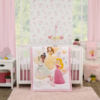 Disney laver et ønske Multi Princess Pink and White Belle Tiana og Aurora 3 Stykt børnehave krybbe -strøelse - dyne monteret krybbe og krybbe ned
