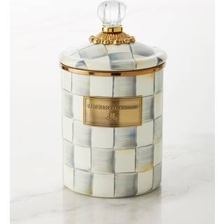 Mackenzie-Childs Medium Emalje Canister Kitchen Storage Container til mel og sukker 1,42 liter grå-hvide sterling check