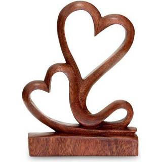 Novica Heart Shaped Natural Brown Romantic Love Suar Wood Sculpture 7.75 """" 'To hjerter'