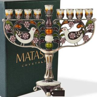 Matashi handmålade emalj Menorah Candelabra med en duvor och blommesign och utsmyckad med guld accenter kristaller för Hanukkah