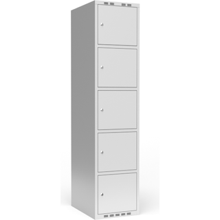 Garderobeskab 1x400 mm m/lige tag, 5 rum i højden og lys grå dør m/cylinderlås