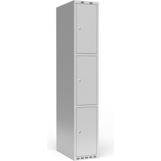 Garderobeskab 1x300 mm m/lige tag, 3 rum i højden og lys grå dør m/cylinderlås