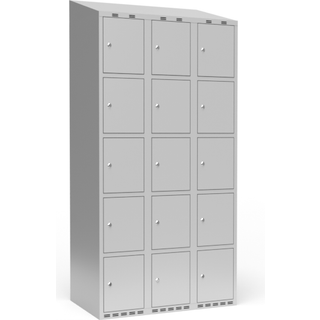 Garderobeskab 3x300 mm m/skråt tag, 5 rum i højden og lys grå dør m/cylinderlås