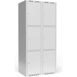 Garderobeskab 2x400 mm m/lige tag, 3 rum i højden og lys grå dør m/cylinderlås