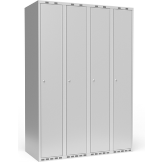 Garderobeskab 4x300 mm m/lige tag, 1 rum i højden og lys grå dør m/cylinderlås